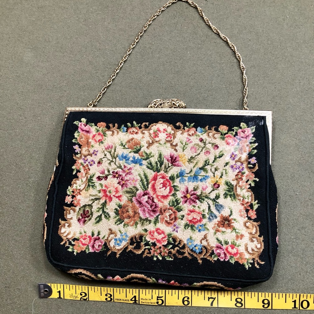 Lovely black flowered petit point vintage bag